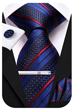 Hi-Tie Klassisches Herren-Krawatten-Set aus Seide, Einstecktuch, Manschettenknöpfe, Clipnadel, solide Streifen, Paisley-Krawatte, 4-teilig, marineblau / rot, M