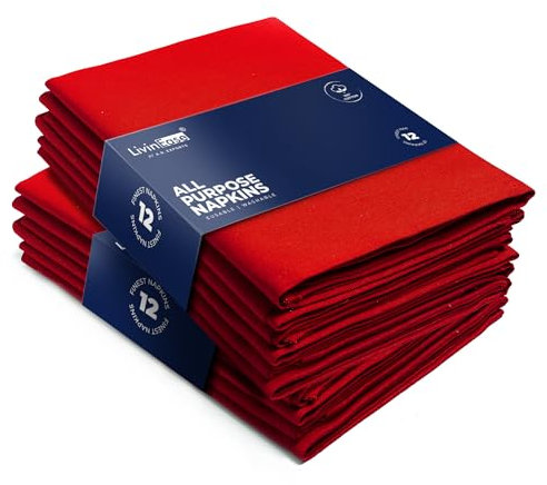 LivinEase Cotton Cloth Napkins Set of 12-100% Cotton 46 x 46 cm Reusable Christmas Red Dinner Napkins - Heavy Weight Hotel Quality Pure Cotton Fabric - Ideal for Xmas Dinner & Events (Red, Cotton)