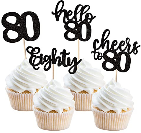 36 Stück 80th Birthday Cupcake Toppers Glitter Hallo 80 Geburtstag Tortendeko Cheers to 80 Eighty Muffin Dekoration for 80th Birthday Teenager Party Kuchen Dekoendeko Black