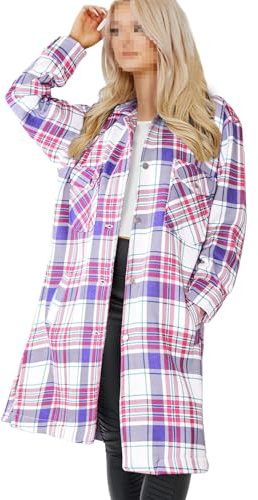 A2Z Ladies Longline Shacket Shirt Jacket Checked Button Down - Jacket 854 Purple Check 2XL
