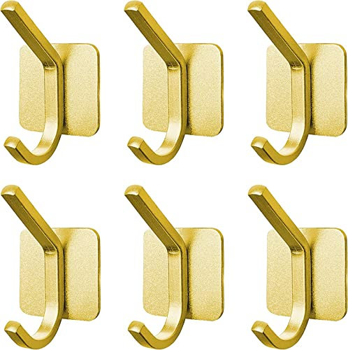 QNIIAED Self Adhesive Hooks,6 Pcs Strong Metal Double Sticky Hook On Wall Door Closet Bathroom Kitchen Bedrooms for Tea Towel Coat Hat(Gold)