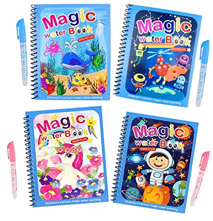 GEFIRE 4 Pièces Livres de Dessin Magique de l'eau, Coloriage Magique à l'eau à Refaire à l'infini, Magic Water Book avec Stylo, Education Dessin Jouet pour les Enfants dès 3 ans