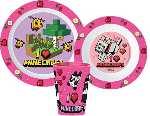 Microwave Safe 3pcs Cartoon Character Dinner Tableware Set Plate, Bowl & Cup, BPA Free re-usable Plastic (Pink Min)