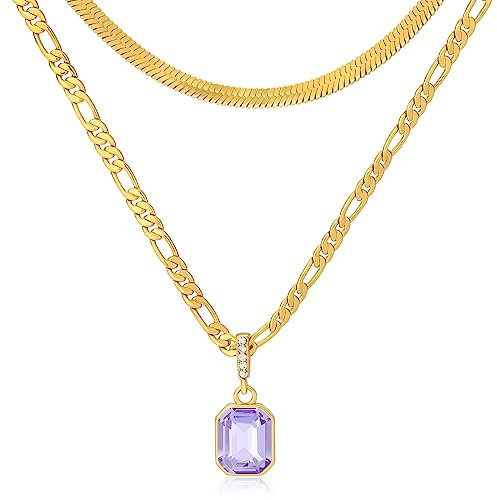 Mesovor Goldene Geschichtet Ketten Halsketten mit Anhänger Kristall, 18 Karat Vergoldete Figaro und Schlangenkette Halsband Halskette für Frauen Mädchen Schmuck Geschenke (Lavendelviolett)