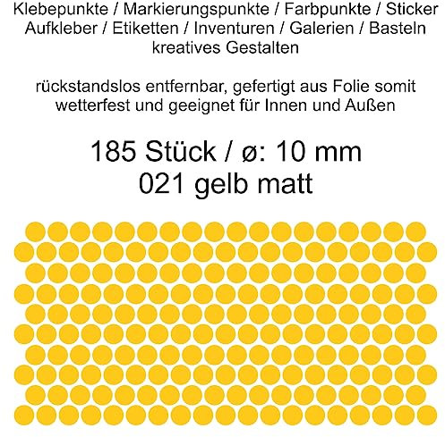 Aufkleber Etiketten Klebepunkte aus Folie 185 Stück gelb matt rund 10 mm selbstklebend farbig wetterfest Decal Markierungen Organisieren DIY basteln verzieren Modellbau Scrapbooking
