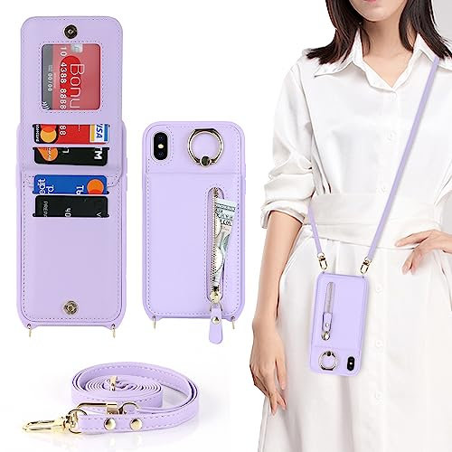 Havaya Cover per iPhone X con cordino Porta Carte Custodia iPhone XS con cerniera cordino Ring portafoglio donna - Viola