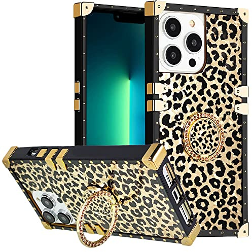 DMaos for iPhone 15 Case with Ring for Women, Gold Gorgeous Rhinestone Bling Diamond Kickstand, Premium for iPhone15 6.1'' - Leopard