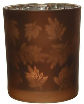 CHICCIE Teelichthalter Glas Blätter Matt Braun 8x7cm Windlicht Herbstdekoration