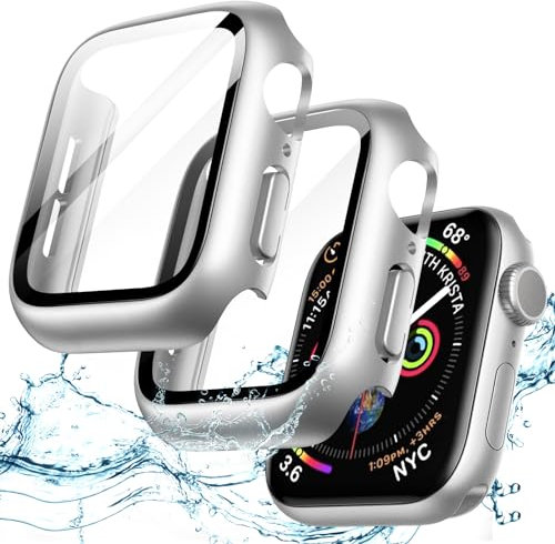 JETech Funda Impermeable con Protector de Pantalla para Apple Watch SE (2022/2020) / Series 6 5 4 44mm, Cristal Vidrio Templado Incorporado Carcasa Completa PC Dura, 2 Unidades (Plata)