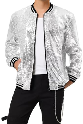 iksya Herren Metallic Paillettenjacke mit Reißverschluss Baseball Bomberjacke für Halloween 70er 80er Party Dance Disco Metallic Glänzend Kostüm