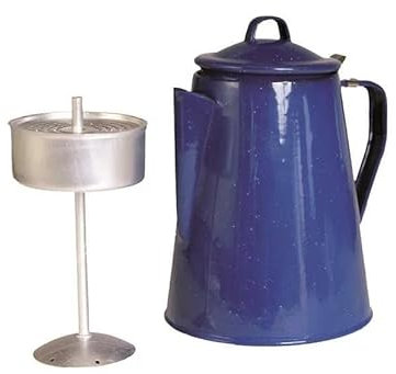 Kaffeekanne Emaille mit Perkolator für 12 Tassen (2ltr) Aufbrüh Kesssel schwarz oder blau emailliert + 2 Kaffeelöffel gratis Camping Kaffee unterwegs kompakt (blau mit weißen Sprenkeln)