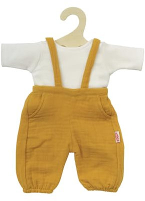 Heless 2415 - Puppenkleidung aus Musselin, 100 Prozent Bio-Baumwolle, 2-teiliges Set mit Latzhose in Honiggelb und weißem T-Shirt für Puppen und Kuscheltiere der Größe 35-45 cm