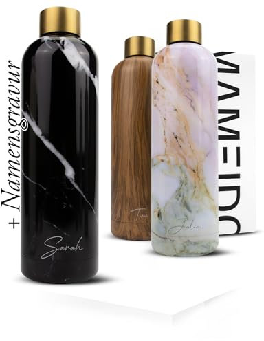 MAMEIDO Edelstahl Trinkflasche personalisiert 500ml - auslaufsichere Trinkflasche mit Namen, personalisertes Geschenk (Black Marble Gold, 0,5l)