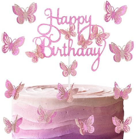 Rose Pink Happy Birthday Cake Toppers, Hot Pink Butterfly Cake Toppers for Cake, Glitter Pink Butterfly Cake Decorations, Butterfly Theme Cake Cupcake Toppers for Girls Women Birthday Decorations