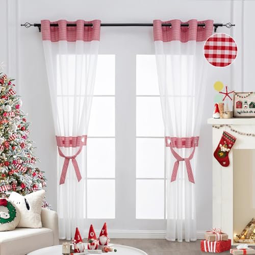 L.Z.E Vorhänge Wohnzimmer Rot Weiß Karo Muster mit Ösen 2er Set Transparent Gardinen Vorhang für Schlafzimmer Kinderzimmer Landhausstil Modern Durchsichtig Rot Kariert 245 x 140 cm