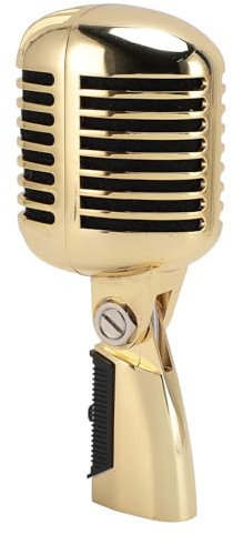 Sxhlseller Microfono per Voce Dinamico retrò - Microfono Classico Professionale con Rack Rotante Autotensionante, Vecchio Microfono Cardioide Vintage per Performance Dal Karaoke (GOLD)