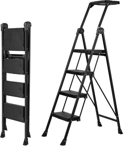 XinSunho 4 Step Ladder, Foldable Handrail & Tool Tray Stool Ladders with Anti-Slip Wide Pedal, 660 lbs Sturdy Steel Ladder for Home Kitchen and Outdoor