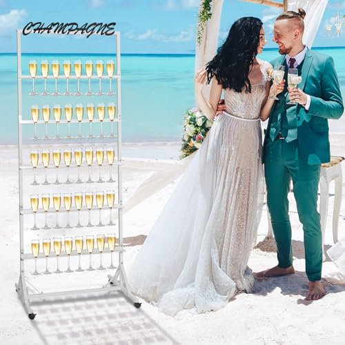 HARVOST Champagne Wall Holder for Party - 40 Glasses Metal Champagne Display Stand 5-Tier Champagne Rack Shelf with Swivel Casters for Wedding Bar Decor (White)