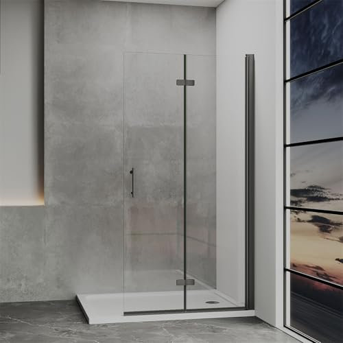 IMPTS Walk in Duschwand 90x195 cm, Walk in Dusche Glas mit Falttür Begehbare Duschkabine Duschtrennwand Rahmenlos 6mm ESG Sicherheitsglas, Schwarz