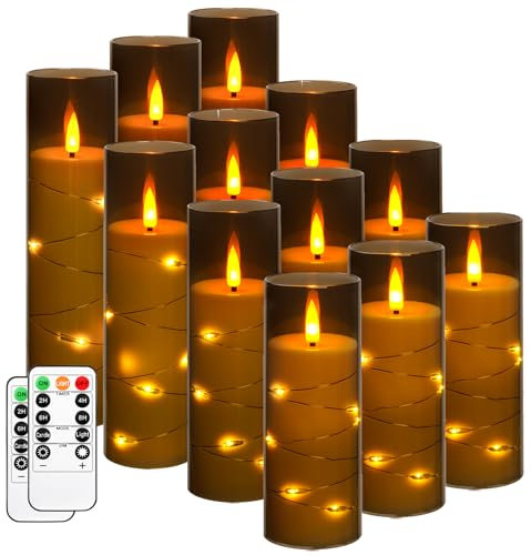 Da by Flickering Flameless Candle with Embedded Star String ,Acrylic LED Pillar Candles with 11-Key Remote Control and Timer,Battery Operated Candles,Grey, Set of 12,D5.5×H14/16/18/20cm
