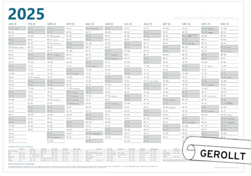 PuK XXL Wandkalender 2025 DIN A1 84,1 x 59,4 cm GEROLLT | 12 Monate Jahresplaner A1 Querformat | Ferienübersicht und bundesweite Feiertage | Kalender 2025 groß, Jahreskalender, Wandplaner