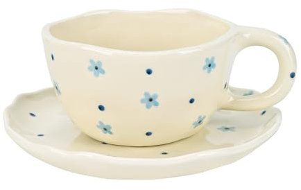 Koythin Ceramic Coffee Mug with Saucers, Handmade Flowers Mugs, Cute Cup for Girl Women, Aesthetic Tea Milk Cup with Handle, 8.5 oz/250 ml for Latte, Cocoa, Office, Home (Dot Blue Flower)