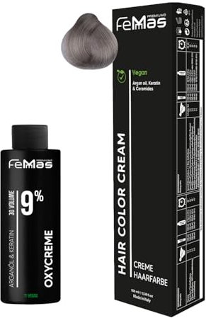 Femmas Haarfarbe SetLichtblond Asch 9.1 I Hair Color Cream 100ml + Oxycreme 100ml 9% I Permanente Haar-Coloration + Entwickler I Schonend & langanhaltend I Salon-Haarfarbe für Zuhause