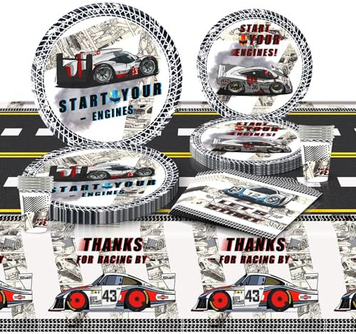 APPCRFM Race Car Party Supplies, 51pcs Mixed Color Disposable Tableware, Includes Plates, Cups, Napkins & Tablecloth, Perfect for Boy's Birthday Parties