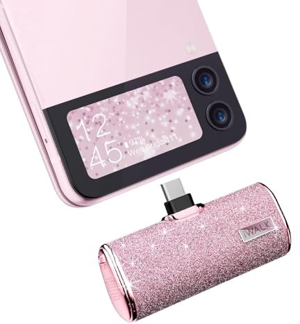 iWALK USB C Portable Charger, 4500mAh Ultra-Compact Small Power Bank, Sparkly Battery Pack Compatible with iPhone 16/16 Plus/16 Pro/16 Pro Max, Samsung Galaxy Z Flip5/4, S24, S23 Ultra, Pink