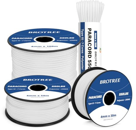 Brotree 550 Paracord 4mm 30m Schnur 100% Polyester Seil Reißfest Typ III 7 Kern für Armbänder, Basteln, Outdoor, Camping, Survival - Weiß