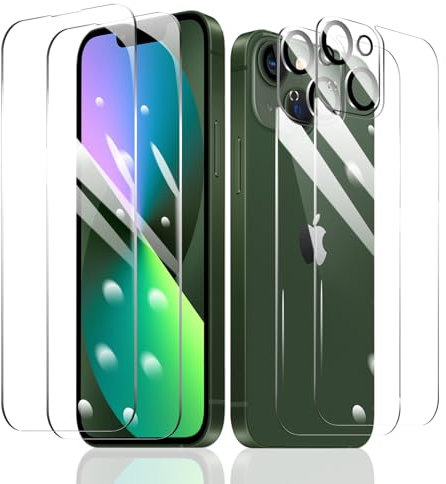 Fylnatc 2 Stück Schutzfolie für iPhone 13 Mini + 2 Stück Kameraschutz + 2 Stück Rückseite Schutzfolie mit einfachem Befestigungswerkzeug, Panzer Schutz Glas, Display Schutzfolie aus gehärtetem Glas