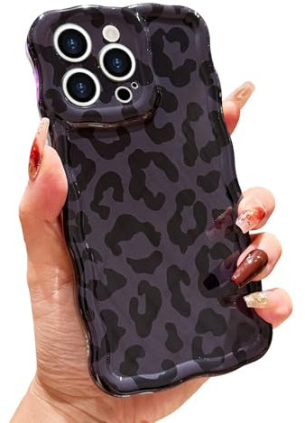 LAPOPNUT For iPhone 15 Pro Max Case,Animal Print Curly Wave Frame Soft TPU Case for Women Girls,Shockproof Protection Cool Leopard Pattern Phone Cover for Apple iPhone 15 Pro Max 6.7,Black