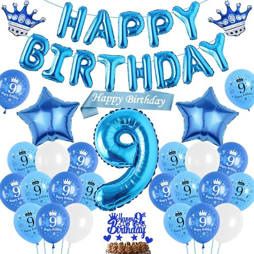 Luftballon 9. Geburtstag Deko Junge Blau, Happy Birthday Banner Ballons XXL Zahl und Stern Kronen Folienballon, Tortendeko Schärpe für Kinder Geburtstagsdeko 9 Jahr Jungen Mädchen