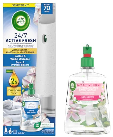Air Wick Active Fresh Wasserbasiertes Automatisches Duftspray Starter Set inklusive Nachfüller 1x228ml Cotton & Weiße Orchidee & 1x 228ml Jasminblüte