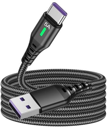 2 Meter USB C Charger Cable with Pilot Lamp, 5A Fast Type C Charging & 480Mbps Data Transfer, USB-A to USB-C, Super Fast Braided Charger Cable Charging for Apple, Samsung, Huawei, PS5, Switch
