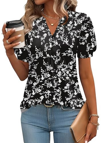 Rapbin Womens Tops Puff Short Sleeve Summer T Shirts V Neck Elegant Floaty Floral Printed Tunic Blouse Black White Flower-M(UK 12-14)