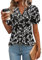 Rapbin Womens Tops Puff Short Sleeve Summer T Shirts V Neck Elegant Floaty Floral Printed Tunic Blouse Black White Flower-M(UK 12-14)