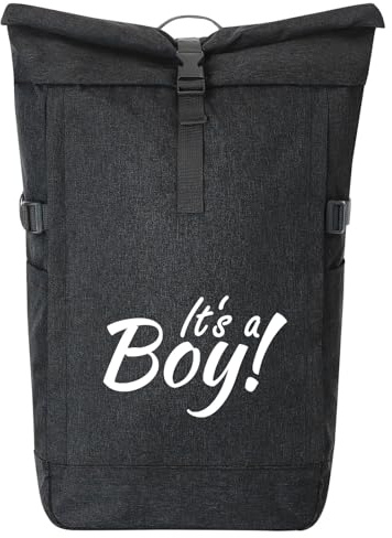 Huuraa Kurierrucksack It`s a Boy! Schriftzug 30-44 Liter Black Melange Fairtrade Rolltop Rucksack Geschenkidee