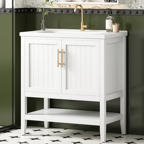 Badmöbel Einzel Waschtisch mit Unterschrank 80cm mit Keramik-Waschbecken (80CM/weiß)