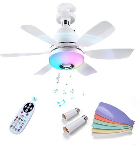 MMOBIEL Ventilador de Techo con Luz y Altavoz Bluetooth Lámpara LED Regulable (3000K a 6500K) con Mando, 7 Colores RGB, Música Sincronizada, 3 Velocidades, 2x6 Aspas, Casquillo Rosca E27– Blanco