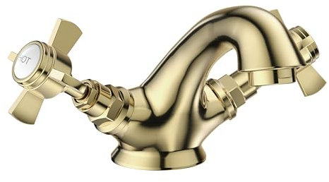 VeeBath Ripple Traditional Mono Basin Mixer Tap – Victorian Style, Brushed Brass Finish, Dual Lever, Deck Mounted Bathroom Taps, G1/2 Inlet with Pop-Up Waste, Classic Sink Tap for Bathroom