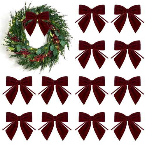 Donfulily Set of 12 Burgundy Red Velvet Bows for Christmas Tree Decorations Gift Wrapping Crafts Holiday Garland Garland Fireplace Staircase Wedding Home Decor,4x4 Inch