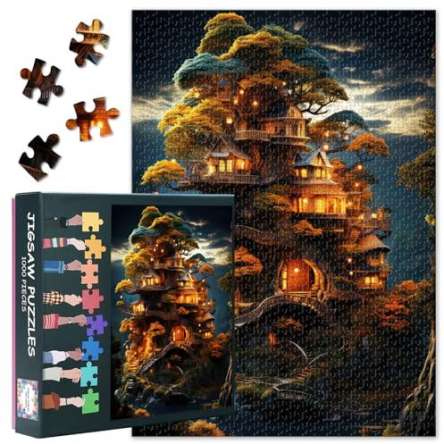 Puzzles für Erwachsene 1000 Teile, Fantasielandschaft mit einem Baumhaus in Form eines Drachen, Unmögliches 1000-Teile-Puzzle für die Wanddekoration zu Hause, 50 x 70 cm