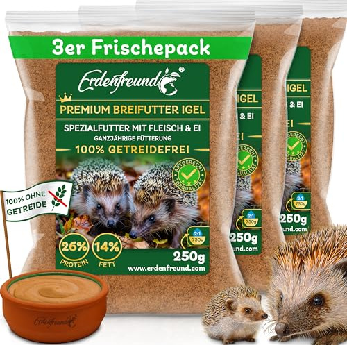 ERDENFREUND® Premium Igelfutterbrei 100% getreidefrei 3x250g Igelfutter mit Insekten, Fleisch & Ei Ganzjahres-Alleinfutter für Igel leicht verdaulich (3x250g Trockenbreifutter = 2250g Igel Nassfutter)
