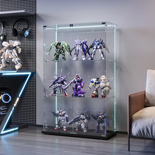 Glasmonter med LED, skåp för samling med förvaringsbas, väggskåp för modern samling med 3 hyllor och 2 dörrar, VitRine på glasfot (svart-2 dörr
