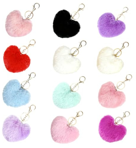 MiOYOOW Flauschige Bommel Schlüsselanhänger, 12 Stück Bunte Herzförmige Plüsch Taschenanhänger, Plüschanhänger Plüschball für Taschen, Rucksäcke, Handtaschen, Schlüssel