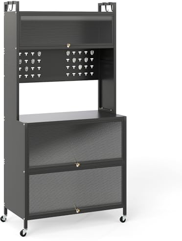 GIANTEX Küchenschrank Küchenregal 5-stufig mit Arbeitsplatte, Mikrowellenschrank mit Rollen, Küchenbuffet Buffetschrank mit Stecktafel & 4 Haken, Standregal Sideboard mit Klapptüren sichtbar (Grau)