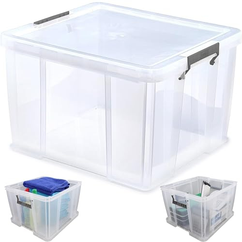 Ploutos World Wide 48 Litre Heavy Duty Clear Plastic Storage Box with Secure Silver Clip Lock Lid – Large Stackable Storage Container with Lid for Home Organisation Clothes & Tool Storage (48L)