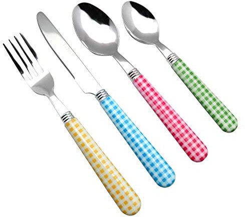 EXZACT Couverts en inox 24 pièces - Motif Vichy de Couleur: 6 x Fourchettes, 6 x Couteaux, 6 x Cuillères, 6 x Cuillère à café (24 x Couleurs assorties)