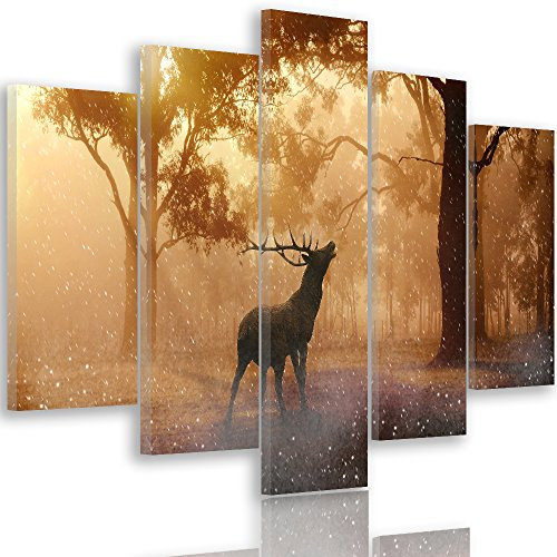 Feeby. Leinwandbild - 5 Teile - Bilder, Wand Bild, Wandbilder, Kunstdruck XXL, 5-Teilig, Typ A, 200x100 cm, HIRSCH, WALD, NATUR, BRAUN